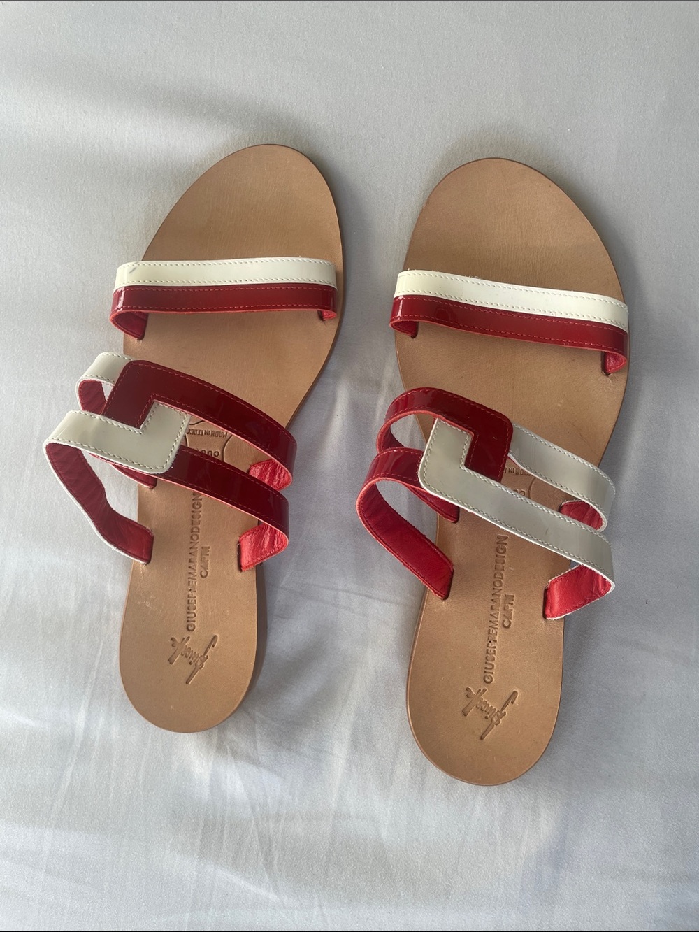 Giuseppe Marano Red and White Real Leather Slide Sandals